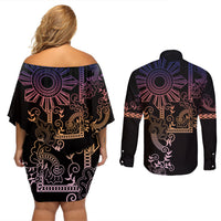 Filipino Sun Tribal Tattoo Couples Matching Off Shoulder Short Dress and Long Sleeve Button Shirt Philippines Inspired Barong Pink Art LT9 - Wonder Print Shop