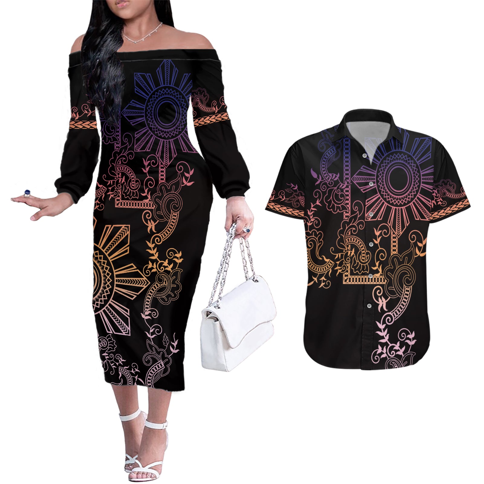 Filipino Sun Tribal Tattoo Couples Matching Off The Shoulder Long Sleeve Dress and Hawaiian Shirt Philippines Inspired Barong Pink Art LT9 - Wonder Print Shop