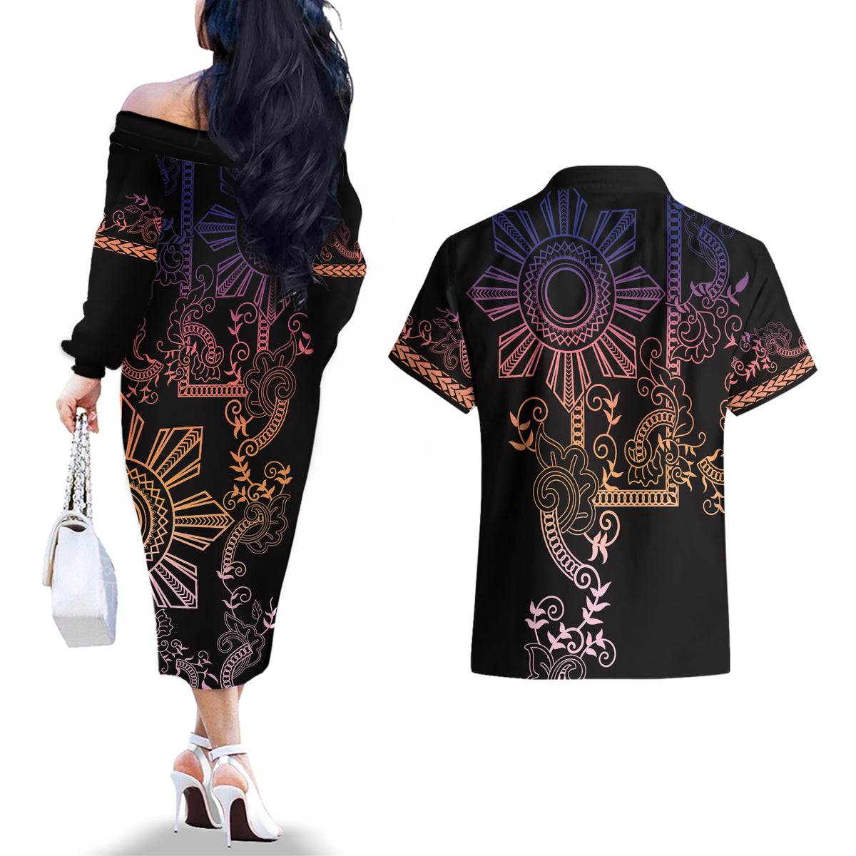 Filipino Sun Tribal Tattoo Couples Matching Off The Shoulder Long Sleeve Dress and Hawaiian Shirt Philippines Inspired Barong Pink Art LT9 - Wonder Print Shop