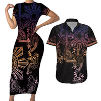 Filipino Sun Tribal Tattoo Couples Matching Short Sleeve Bodycon Dress and Hawaiian Shirt Philippines Inspired Barong Pink Art LT9 - Wonder Print Shop