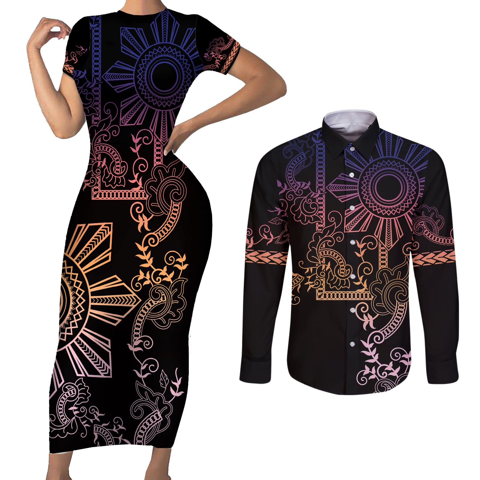 Filipino Sun Tribal Tattoo Couples Matching Short Sleeve Bodycon Dress and Long Sleeve Button Shirt Philippines Inspired Barong Pink Art LT9 - Wonder Print Shop