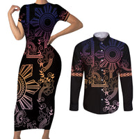 Filipino Sun Tribal Tattoo Couples Matching Short Sleeve Bodycon Dress and Long Sleeve Button Shirt Philippines Inspired Barong Pink Art LT9 - Wonder Print Shop