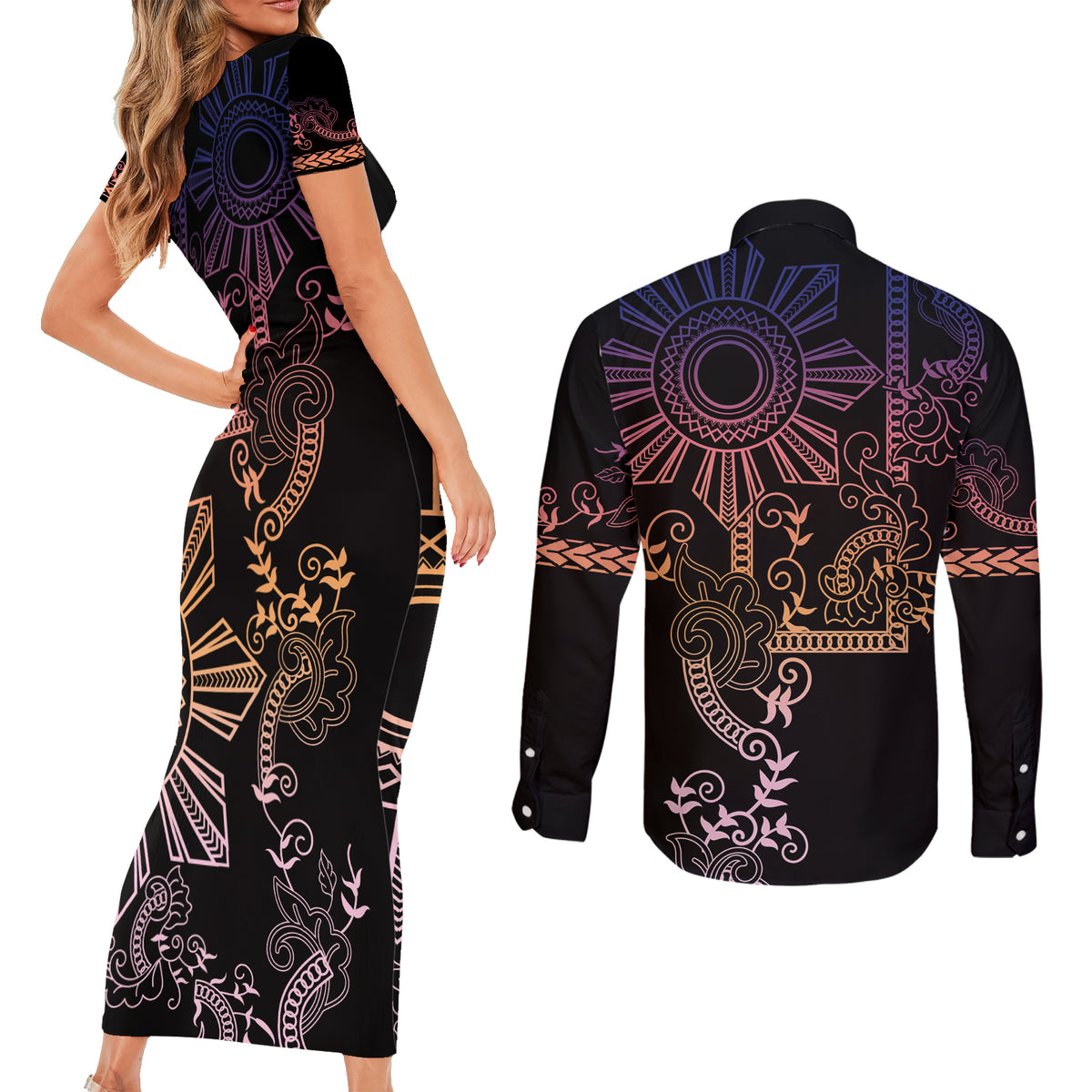 Filipino Sun Tribal Tattoo Couples Matching Short Sleeve Bodycon Dress and Long Sleeve Button Shirt Philippines Inspired Barong Pink Art LT9 - Wonder Print Shop