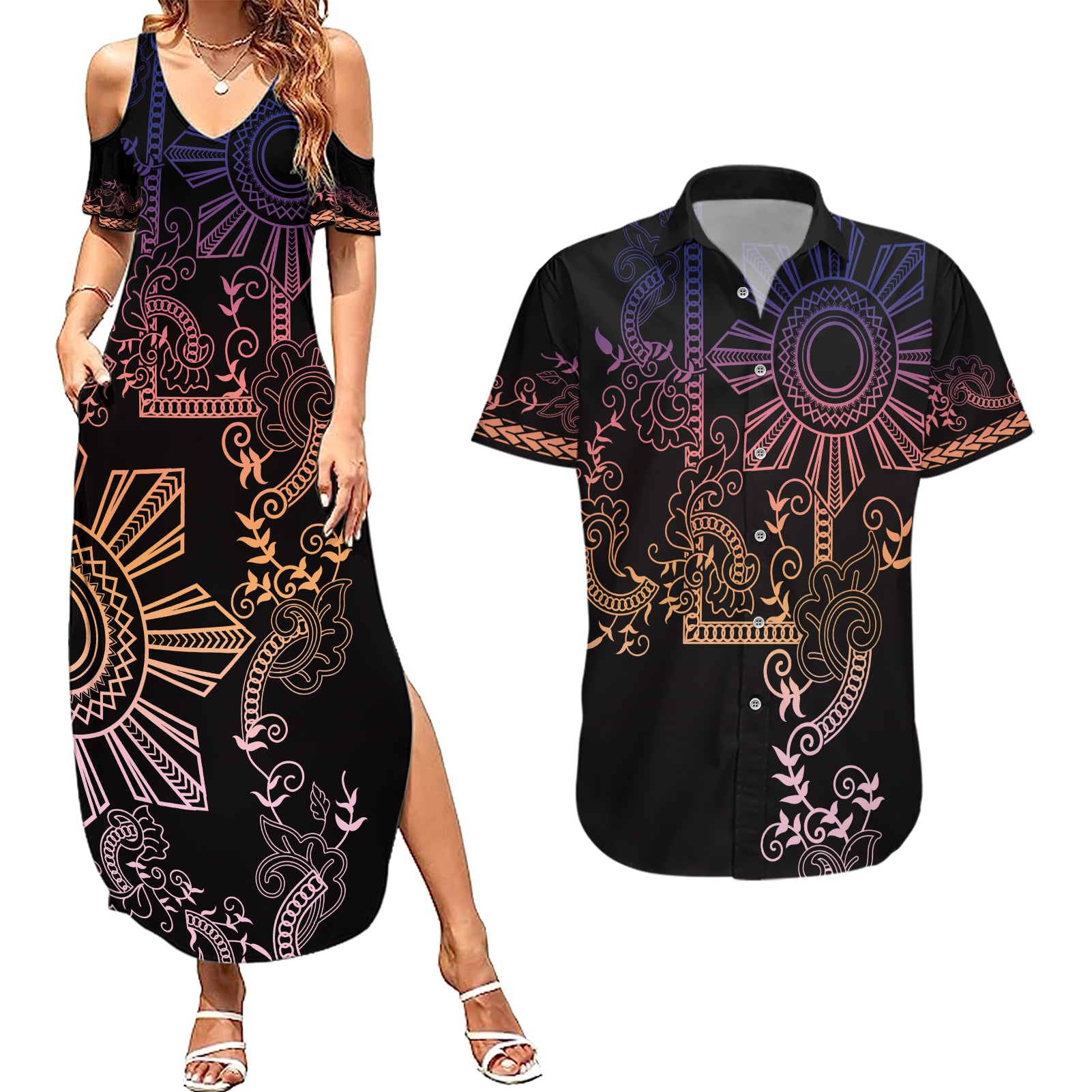 Filipino Sun Tribal Tattoo Couples Matching Summer Maxi Dress and Hawaiian Shirt Philippines Inspired Barong Pink Art LT9 - Wonder Print Shop