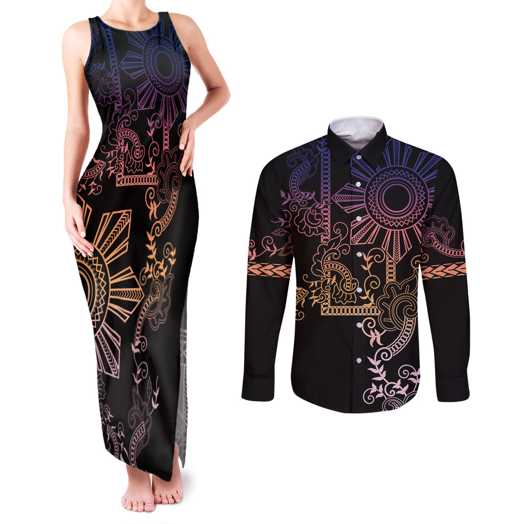 Filipino Sun Tribal Tattoo Couples Matching Tank Maxi Dress and Long Sleeve Button Shirt Philippines Inspired Barong Pink Art LT9 - Wonder Print Shop