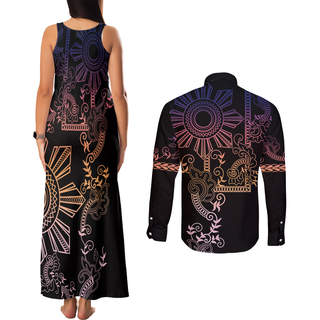 Filipino Sun Tribal Tattoo Couples Matching Tank Maxi Dress and Long Sleeve Button Shirt Philippines Inspired Barong Pink Art LT9 - Wonder Print Shop