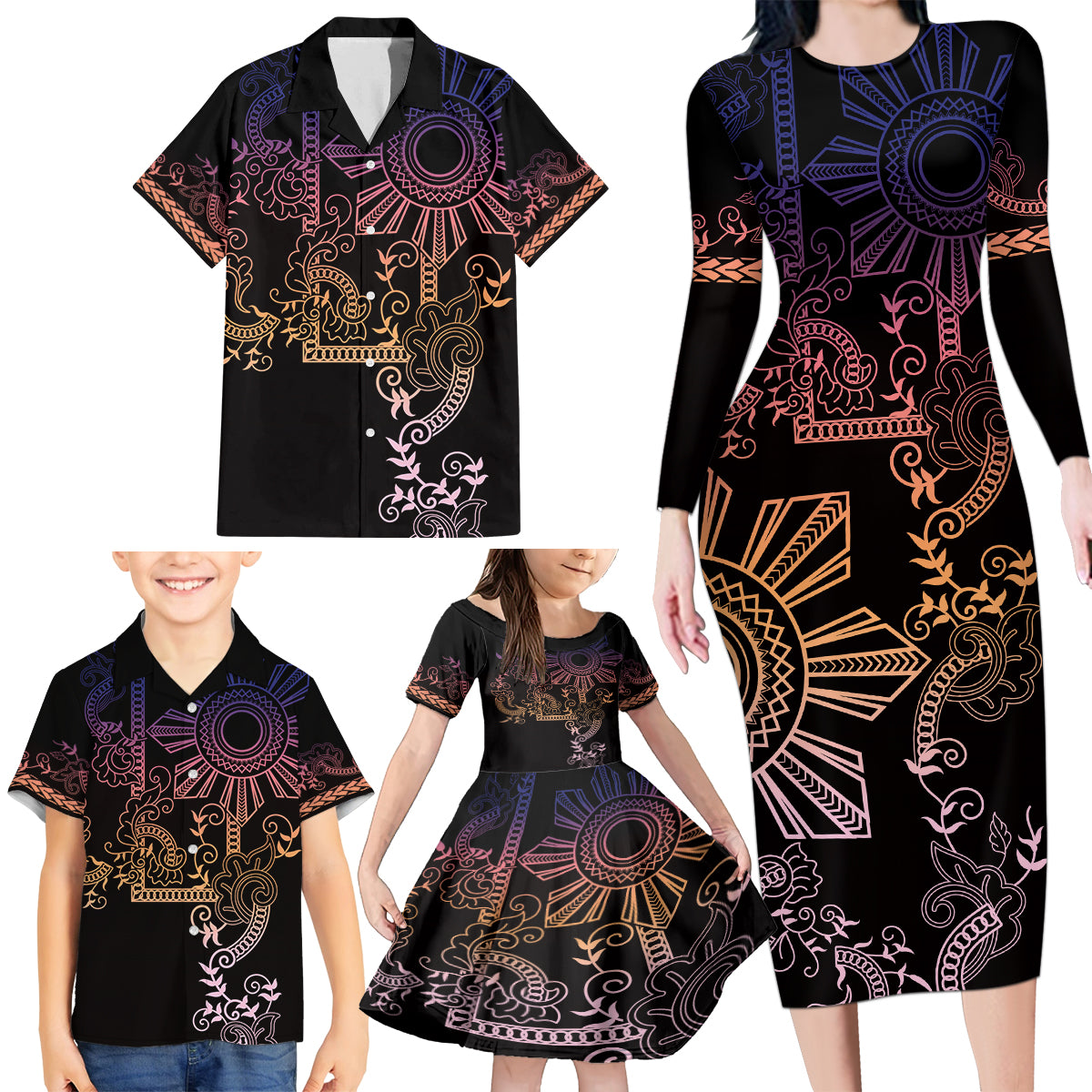 Filipino Sun Tribal Tattoo Family Matching Long Sleeve Bodycon Dress and Hawaiian Shirt Philippines Inspired Barong Pink Art LT9 - Wonder Print Shop
