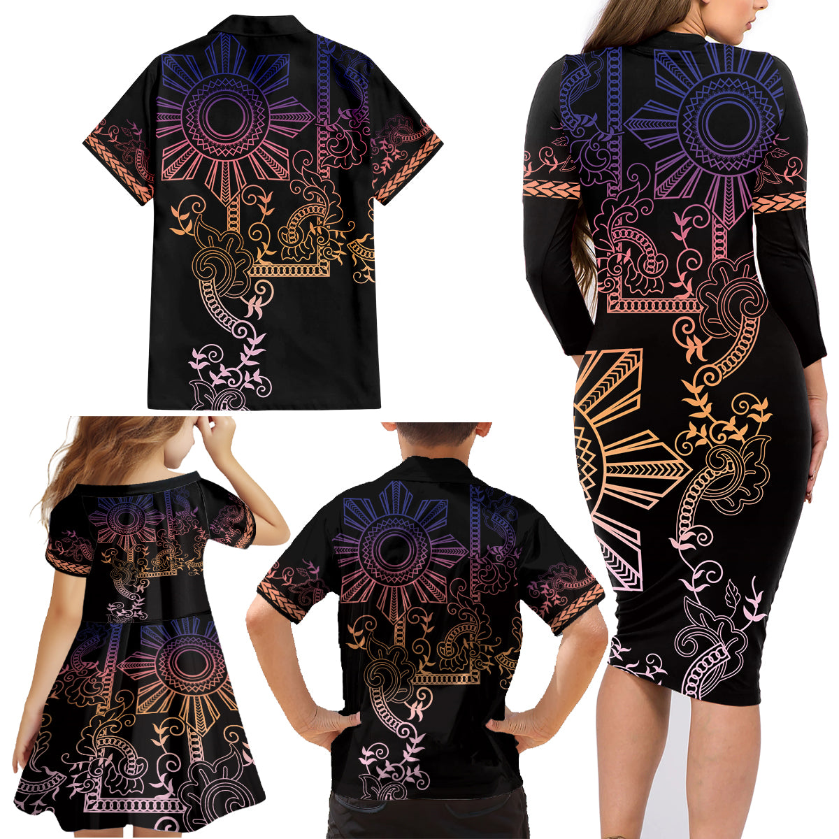 Filipino Sun Tribal Tattoo Family Matching Long Sleeve Bodycon Dress and Hawaiian Shirt Philippines Inspired Barong Pink Art LT9 - Wonder Print Shop