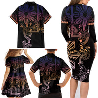 Filipino Sun Tribal Tattoo Family Matching Long Sleeve Bodycon Dress and Hawaiian Shirt Philippines Inspired Barong Pink Art LT9 - Wonder Print Shop