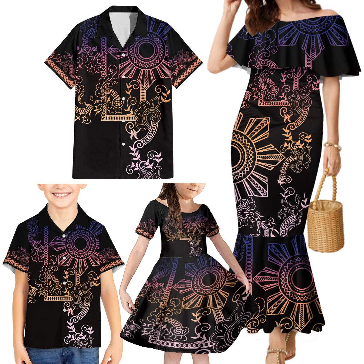 Filipino Sun Tribal Tattoo Family Matching Mermaid Dress and Hawaiian Shirt Philippines Inspired Barong Pink Art LT9 - Wonder Print Shop