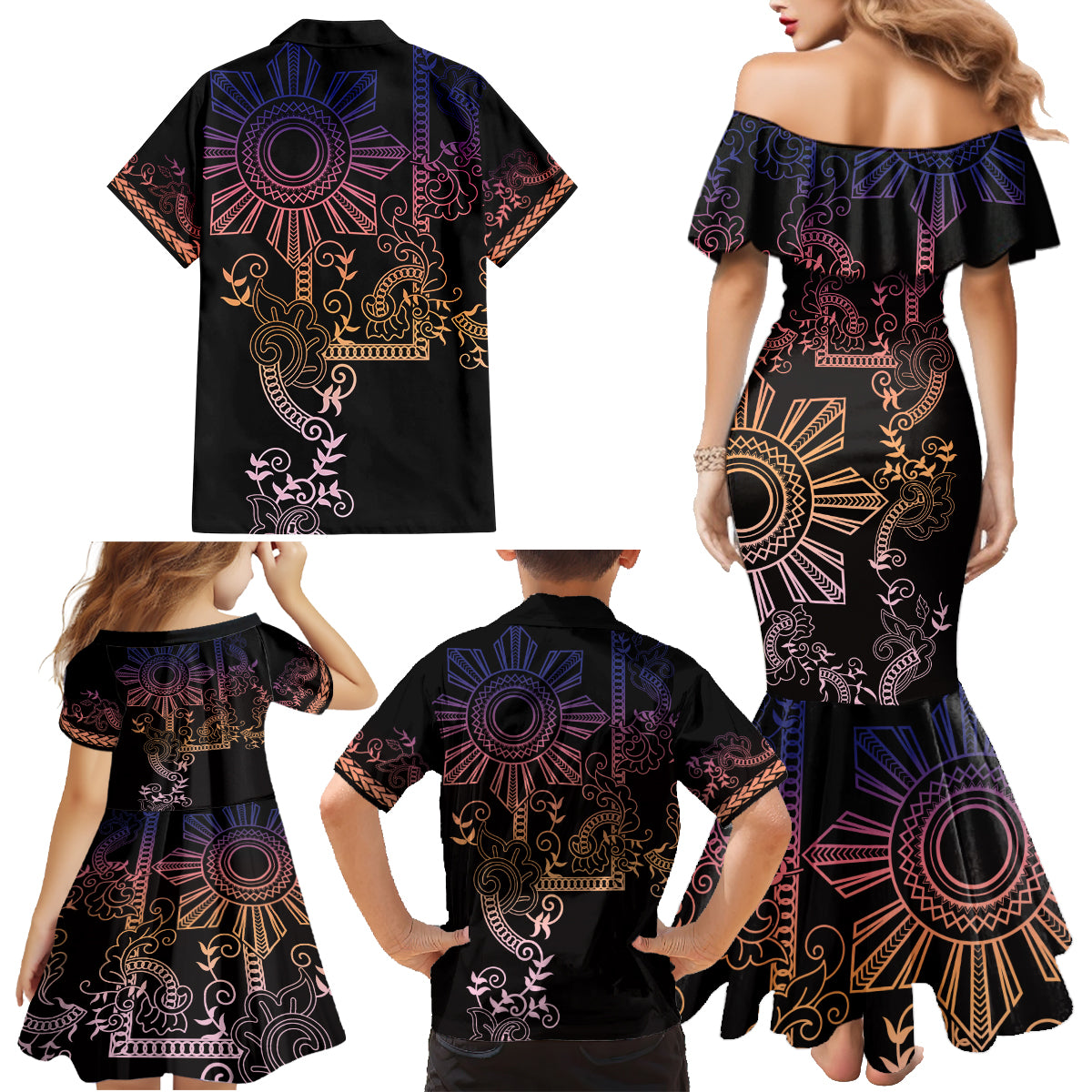 Filipino Sun Tribal Tattoo Family Matching Mermaid Dress and Hawaiian Shirt Philippines Inspired Barong Pink Art LT9 - Wonder Print Shop
