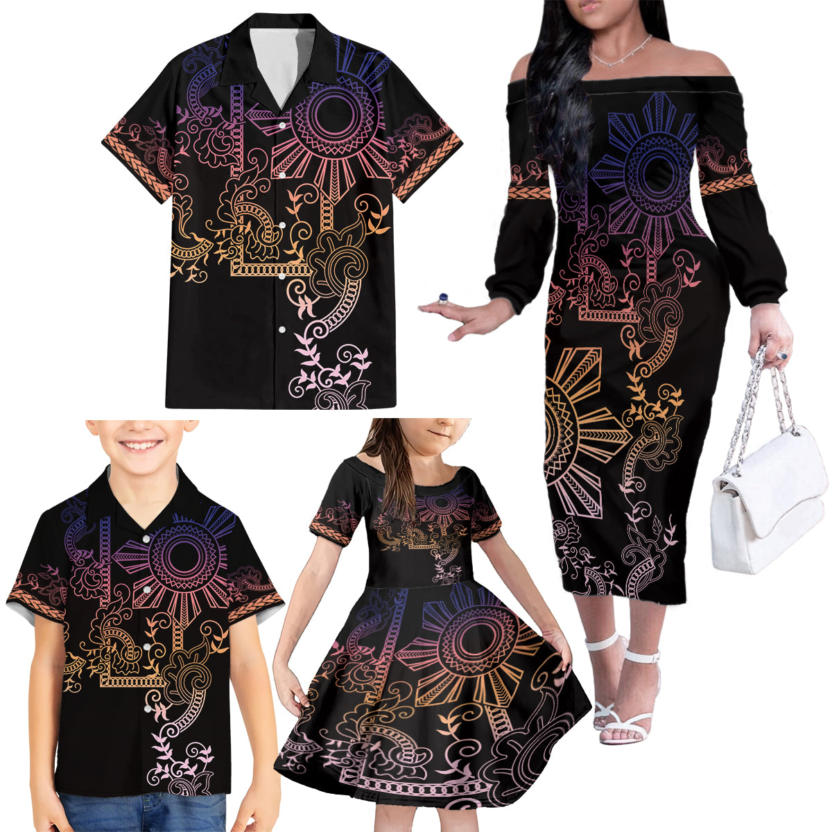 Filipino Sun Tribal Tattoo Family Matching Off The Shoulder Long Sleeve Dress and Hawaiian Shirt Philippines Inspired Barong Pink Art - Wonder Print Shop