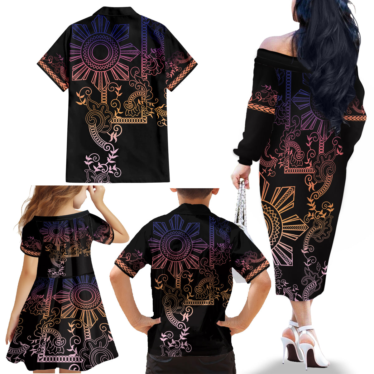 Filipino Sun Tribal Tattoo Family Matching Off The Shoulder Long Sleeve Dress and Hawaiian Shirt Philippines Inspired Barong Pink Art - Wonder Print Shop