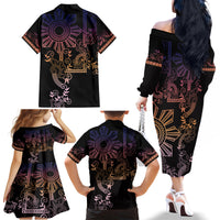 Filipino Sun Tribal Tattoo Family Matching Off The Shoulder Long Sleeve Dress and Hawaiian Shirt Philippines Inspired Barong Pink Art - Wonder Print Shop