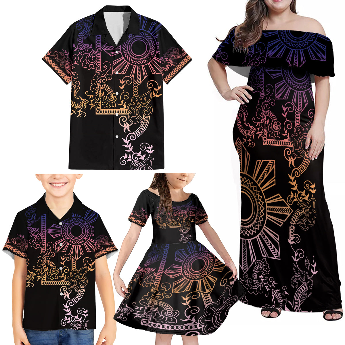 Filipino Sun Tribal Tattoo Family Matching Off Shoulder Maxi Dress and Hawaiian Shirt Philippines Inspired Barong Pink Art LT9 - Wonder Print Shop