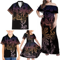 Filipino Sun Tribal Tattoo Family Matching Off Shoulder Maxi Dress and Hawaiian Shirt Philippines Inspired Barong Pink Art LT9 - Wonder Print Shop