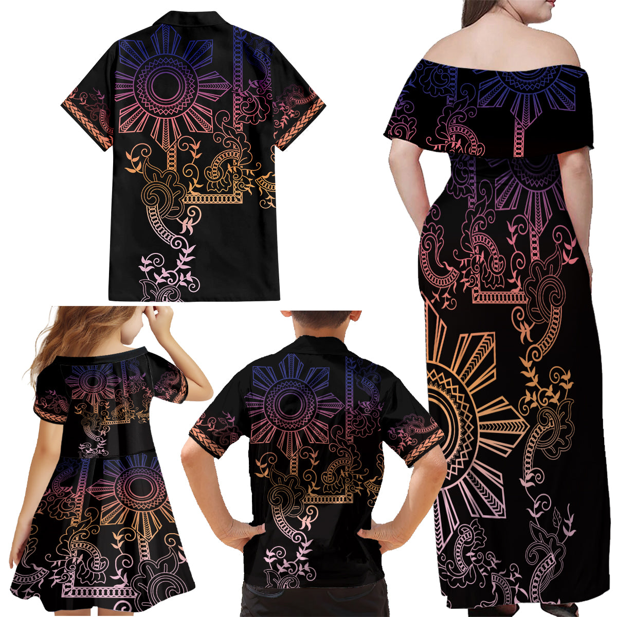 Filipino Sun Tribal Tattoo Family Matching Off Shoulder Maxi Dress and Hawaiian Shirt Philippines Inspired Barong Pink Art LT9 - Wonder Print Shop