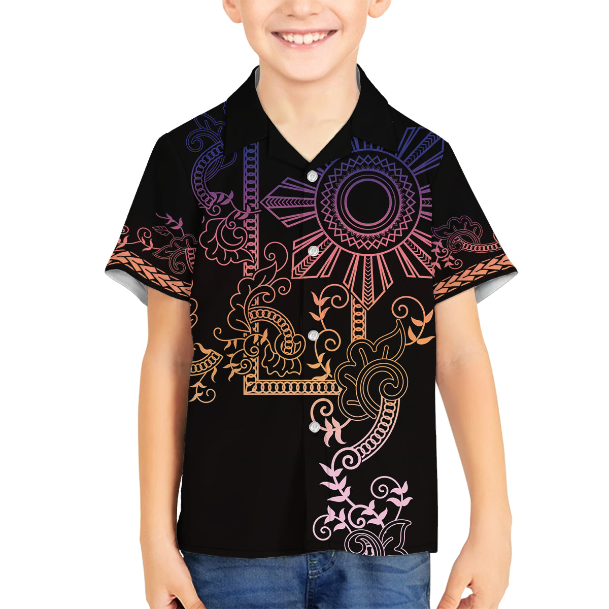 Filipino Sun Tribal Tattoo Family Matching Off Shoulder Maxi Dress and Hawaiian Shirt Philippines Inspired Barong Pink Art LT9 - Wonder Print Shop