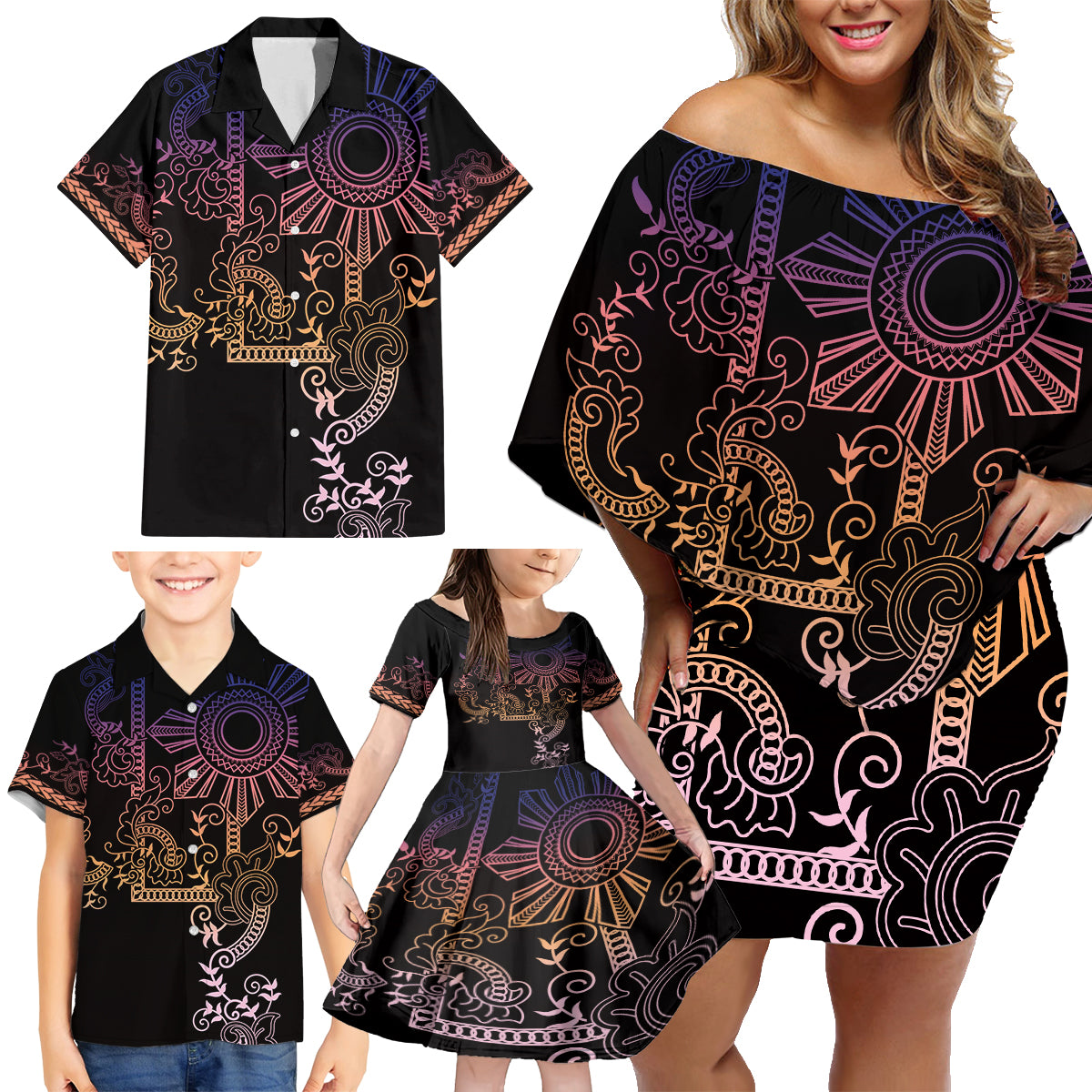Filipino Sun Tribal Tattoo Family Matching Off Shoulder Short Dress and Hawaiian Shirt Philippines Inspired Barong Pink Art LT9 - Wonder Print Shop