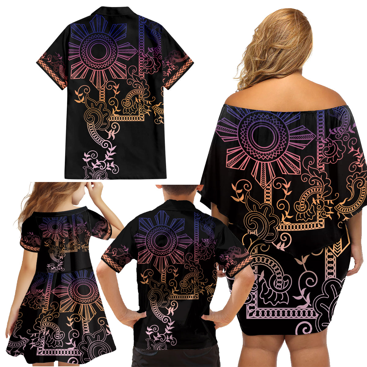 Filipino Sun Tribal Tattoo Family Matching Off Shoulder Short Dress and Hawaiian Shirt Philippines Inspired Barong Pink Art LT9 - Wonder Print Shop