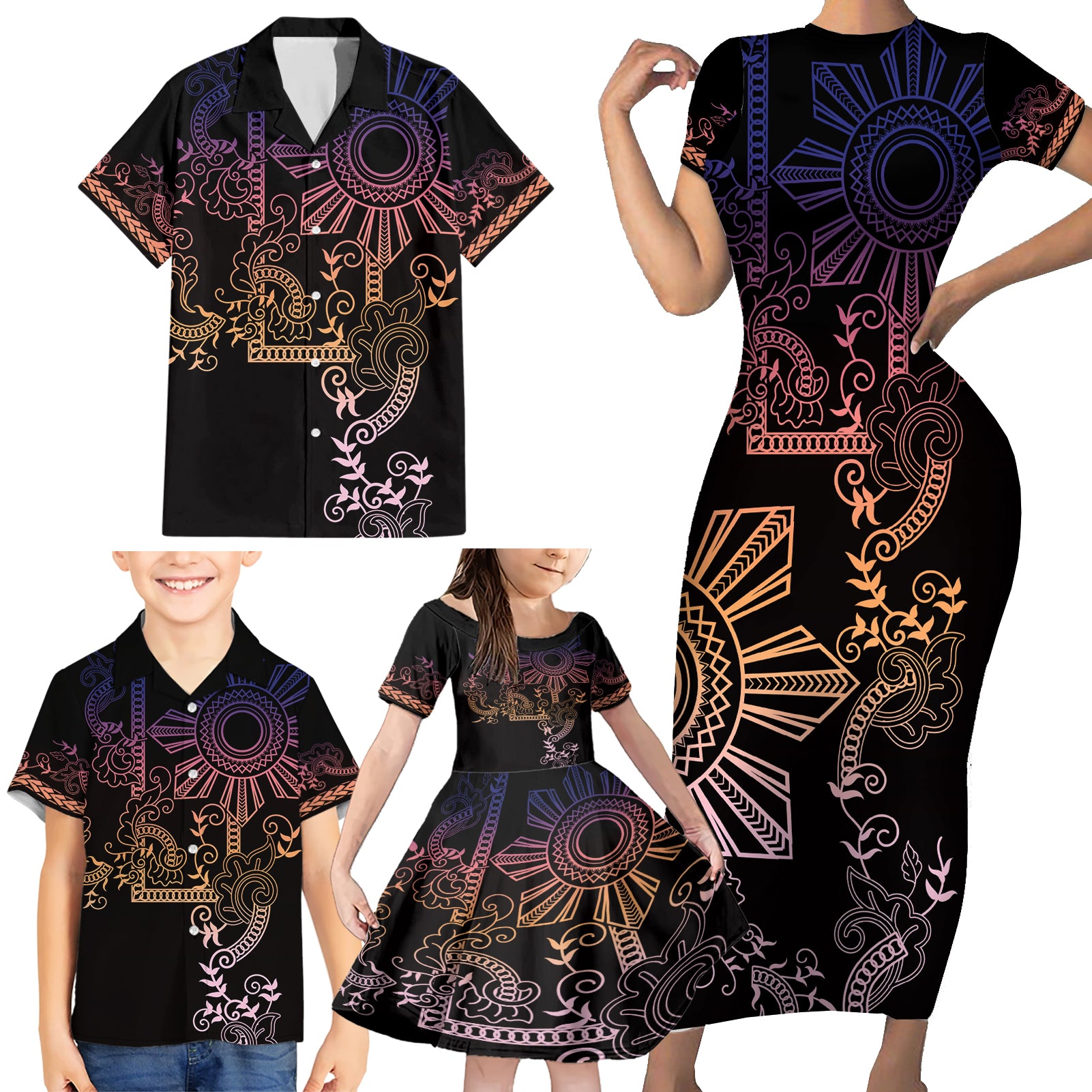 Filipino Sun Tribal Tattoo Family Matching Short Sleeve Bodycon Dress and Hawaiian Shirt Philippines Inspired Barong Pink Art - Wonder Print Shop