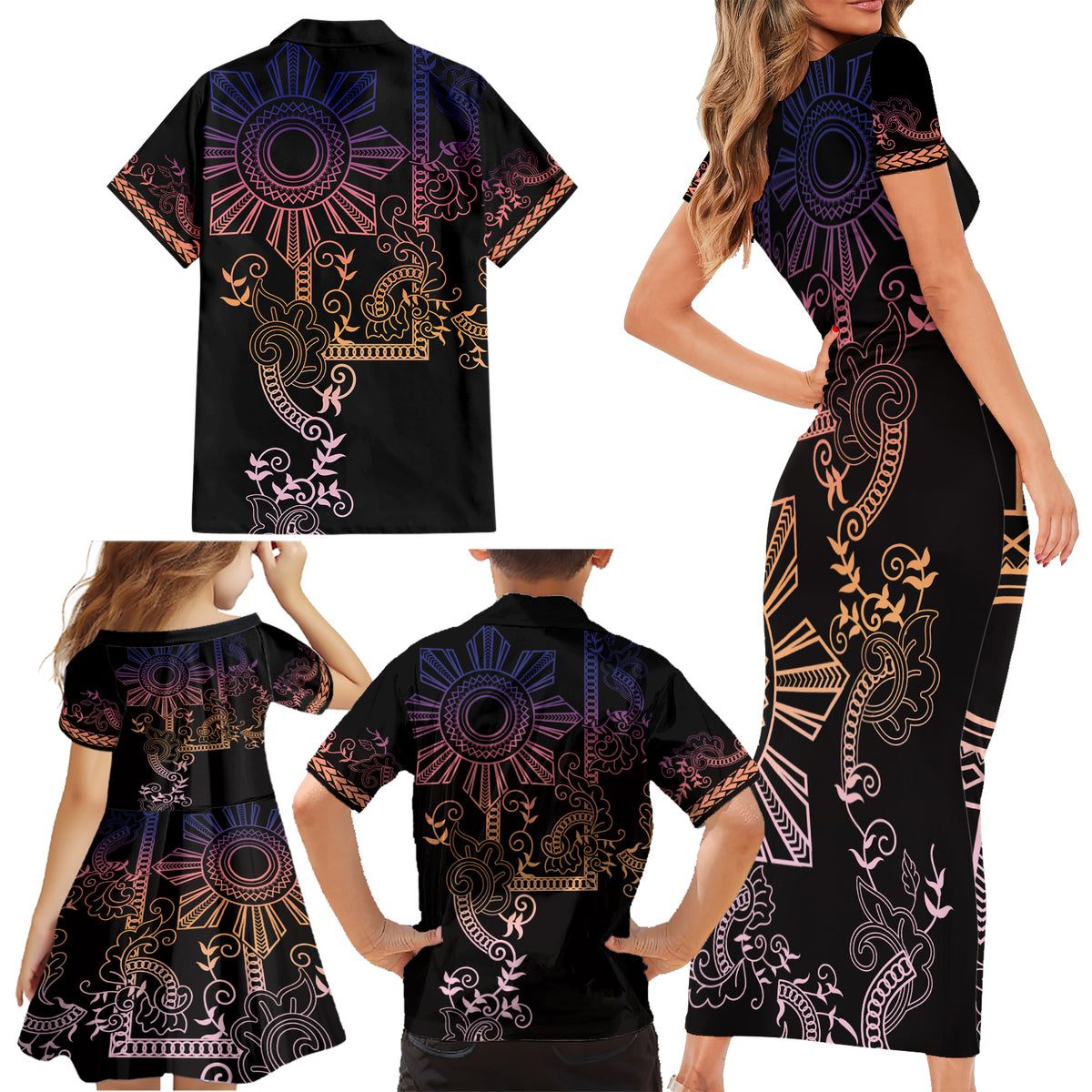 Filipino Sun Tribal Tattoo Family Matching Short Sleeve Bodycon Dress and Hawaiian Shirt Philippines Inspired Barong Pink Art - Wonder Print Shop