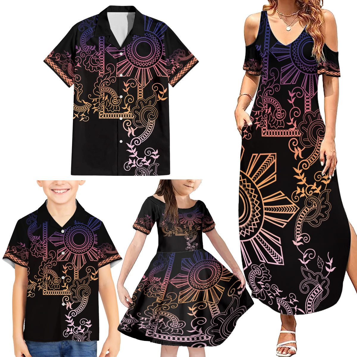 Filipino Sun Tribal Tattoo Family Matching Summer Maxi Dress and Hawaiian Shirt Philippines Inspired Barong Pink Art - Wonder Print Shop