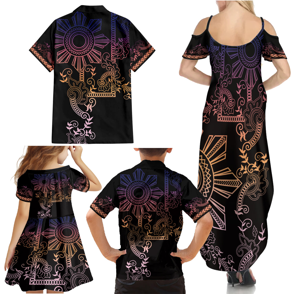 Filipino Sun Tribal Tattoo Family Matching Summer Maxi Dress and Hawaiian Shirt Philippines Inspired Barong Pink Art - Wonder Print Shop
