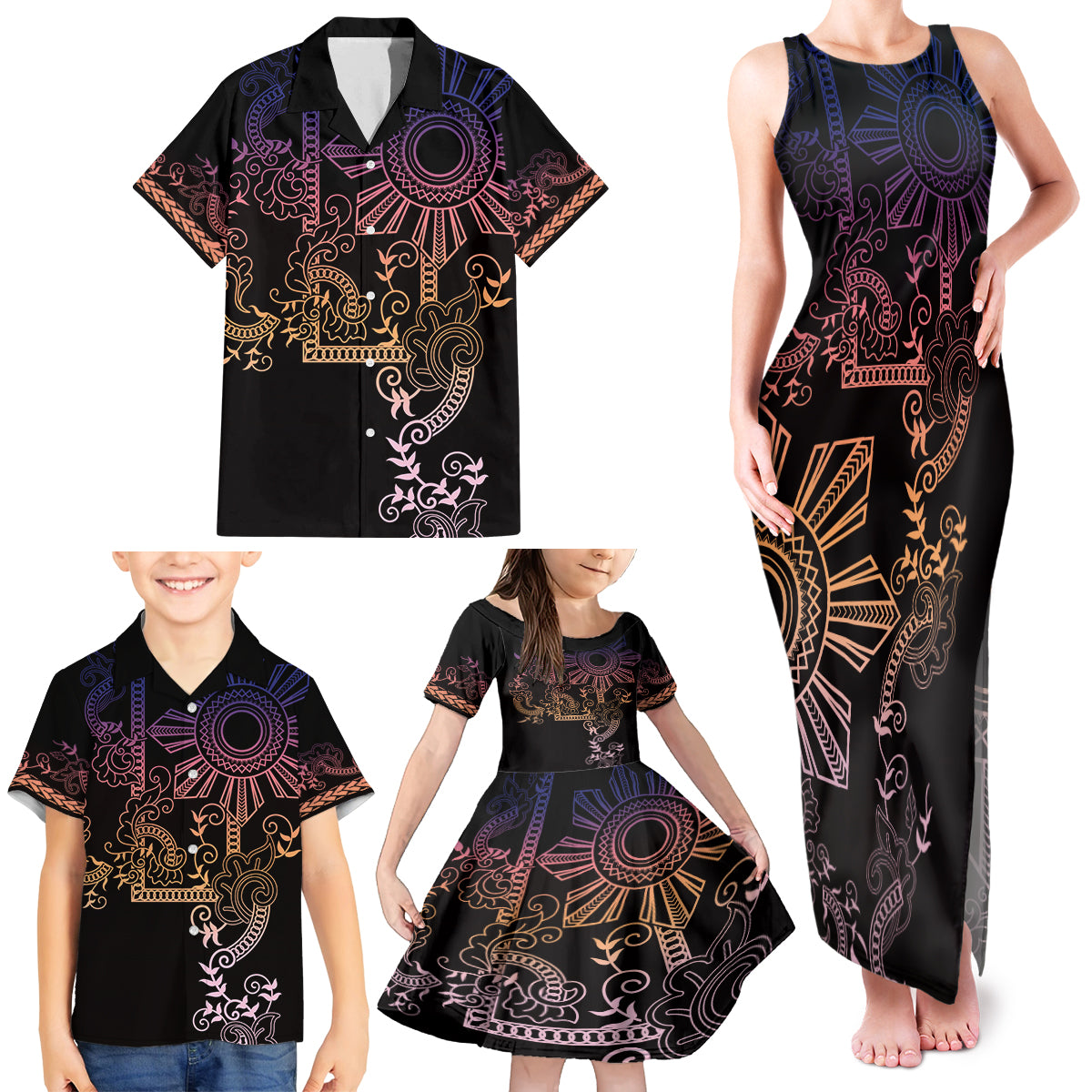 Filipino Sun Tribal Tattoo Family Matching Tank Maxi Dress and Hawaiian Shirt Philippines Inspired Barong Pink Art - Wonder Print Shop