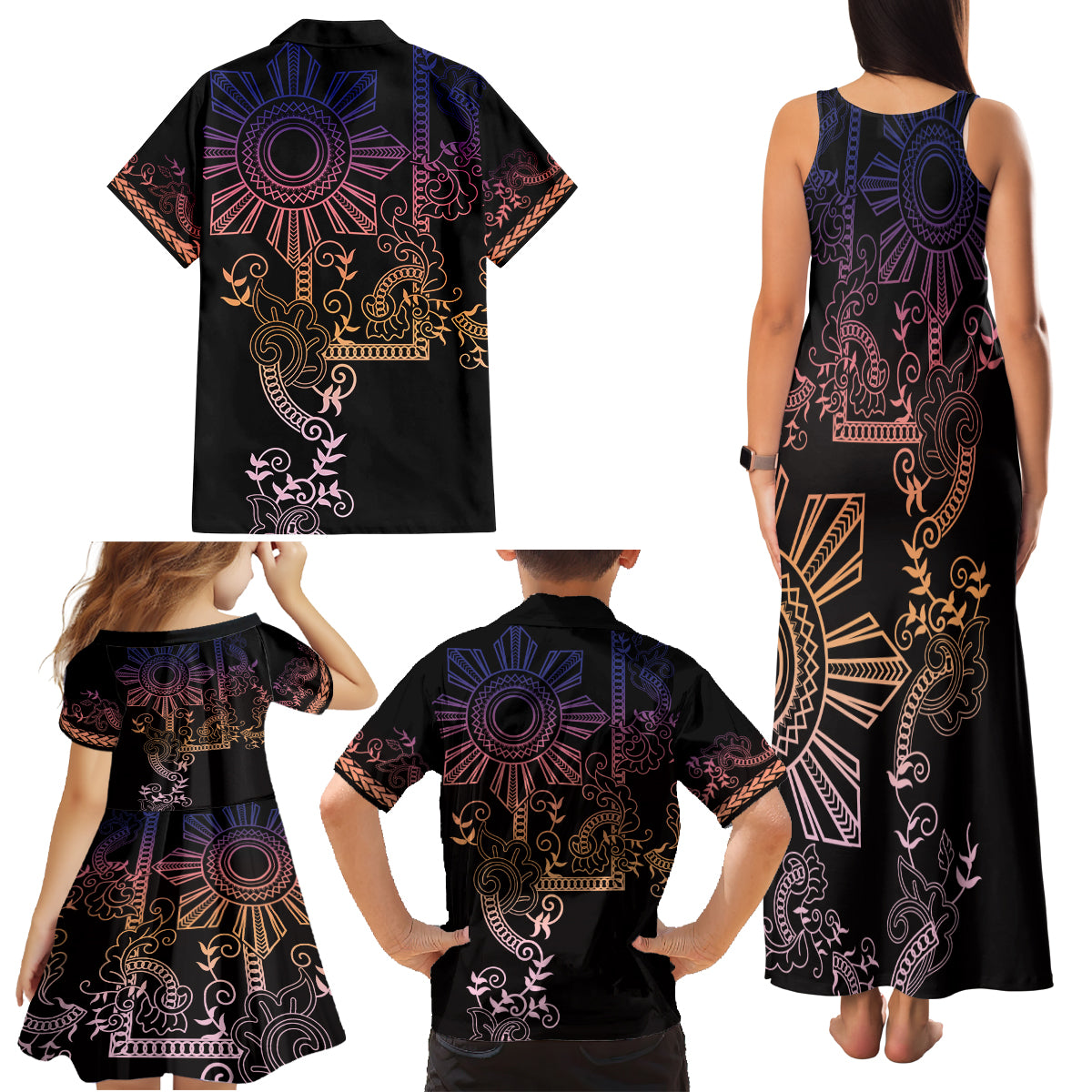 Filipino Sun Tribal Tattoo Family Matching Tank Maxi Dress and Hawaiian Shirt Philippines Inspired Barong Pink Art - Wonder Print Shop