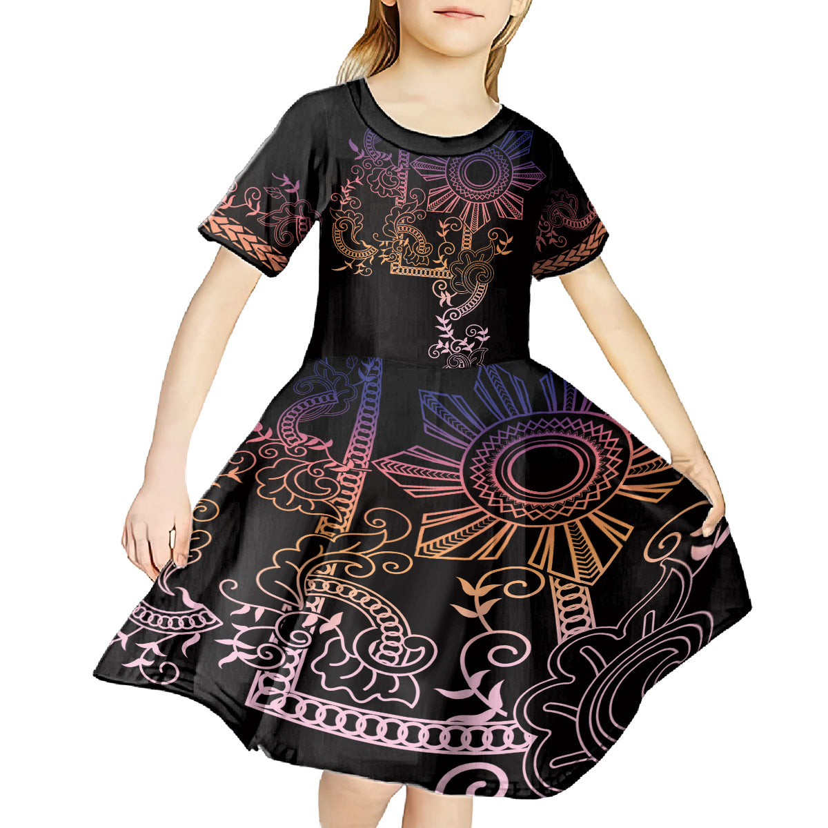 Filipino Sun Tribal Tattoo Kid Short Sleeve Dress Philippines Inspired Barong Pink Art - Wonder Print Shop