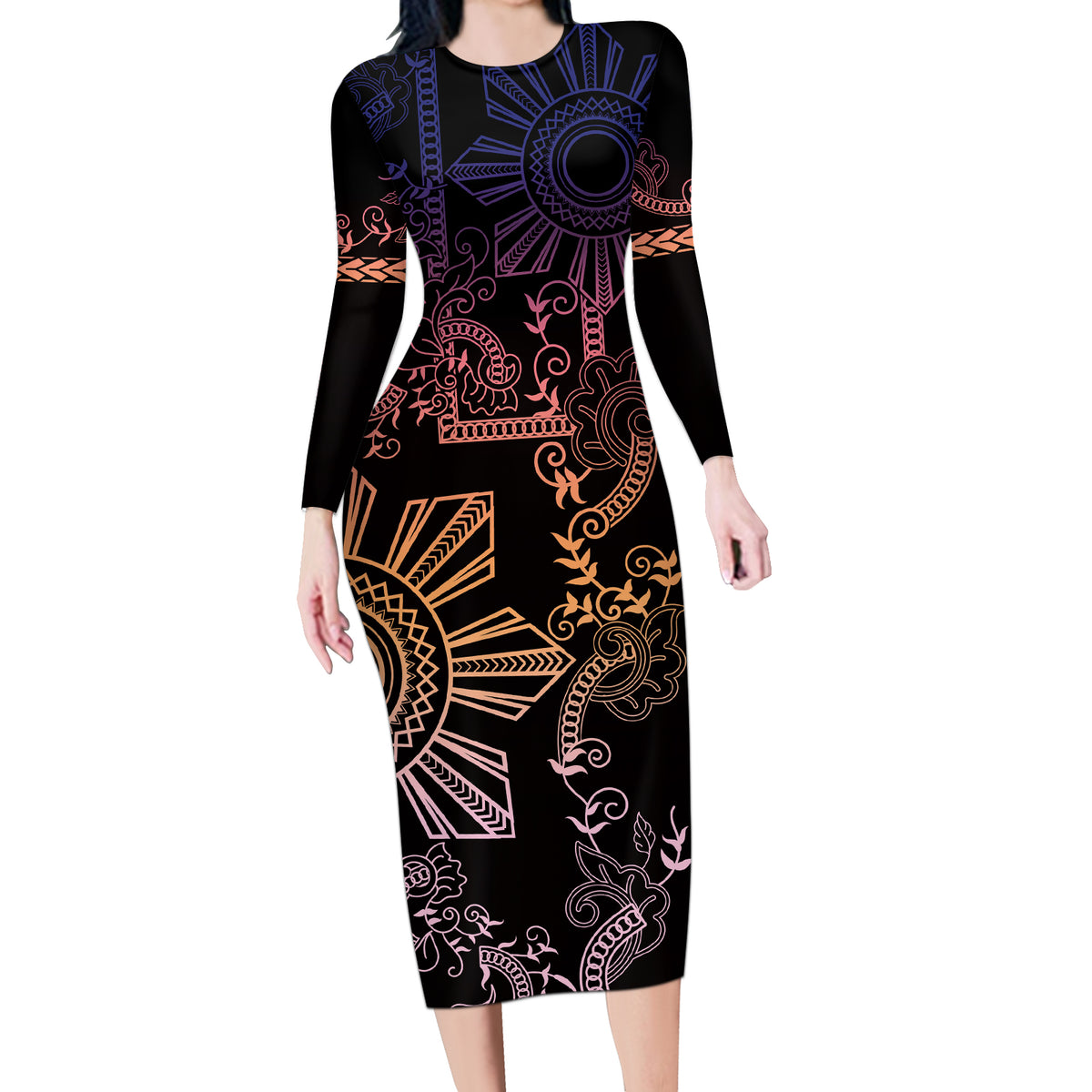 Filipino Sun Tribal Tattoo Long Sleeve Bodycon Dress Philippines Inspired Barong Pink Art - Wonder Print Shop