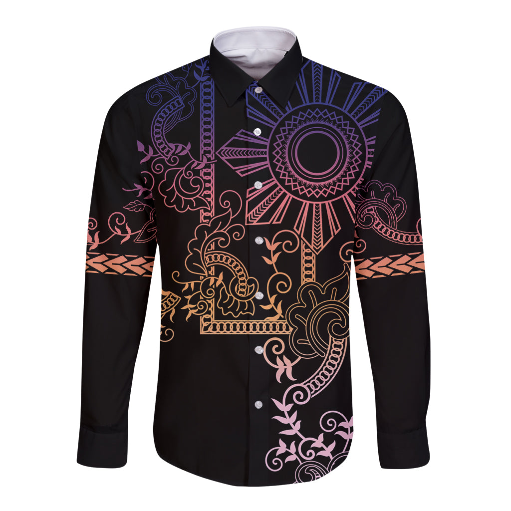 Filipino Sun Tribal Tattoo Long Sleeve Button Shirt Philippines Inspired Barong Pink Art - Wonder Print Shop