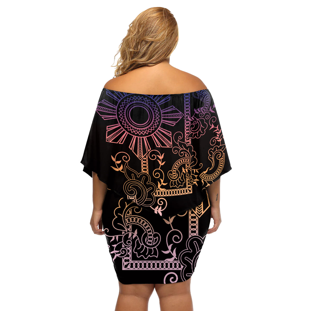 Filipino Sun Tribal Tattoo Off Shoulder Short Dress Philippines Inspired Barong Pink Art - Wonder Print Shop