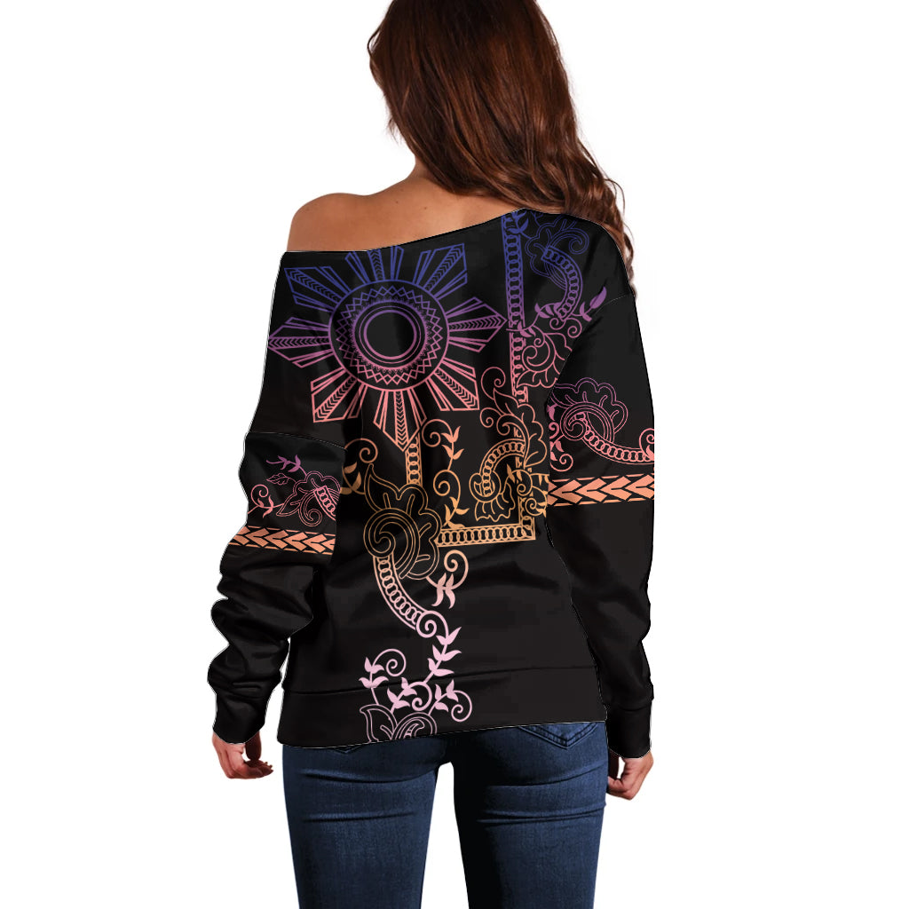 Filipino Sun Tribal Tattoo Off Shoulder Sweater Philippines Inspired Barong Pink Art - Wonder Print Shop