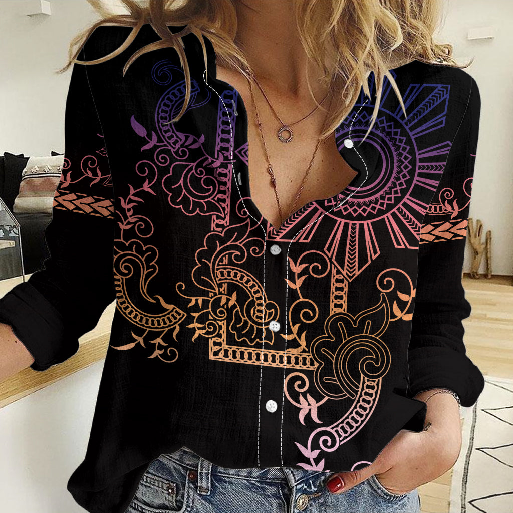 Filipino Sun Tribal Tattoo Women Casual Shirt Philippines Inspired Barong Pink Art - Wonder Print Shop