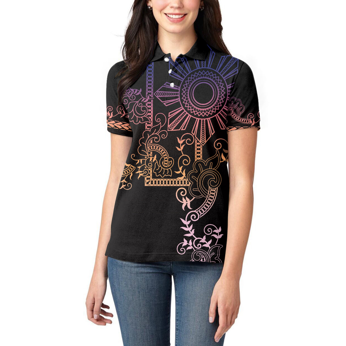 Filipino Sun Tribal Tattoo Women Polo Shirt Philippines Inspired Barong Pink Art - Wonder Print Shop