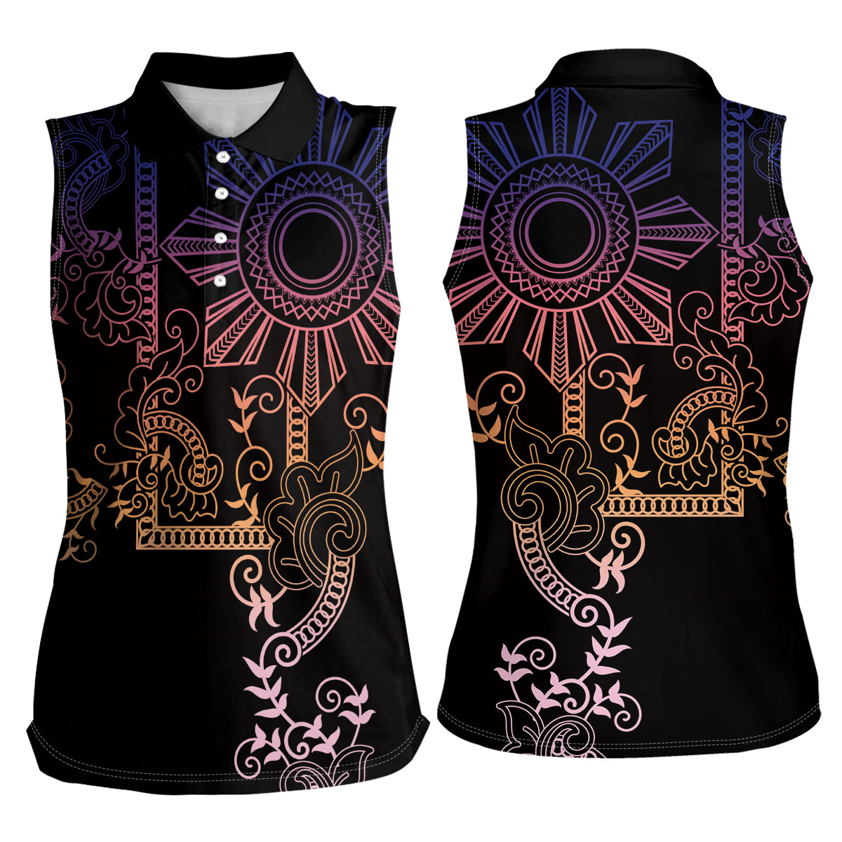 Filipino Sun Tribal Tattoo Women Sleeveless Polo Shirt Philippines Inspired Barong Pink Art - Wonder Print Shop