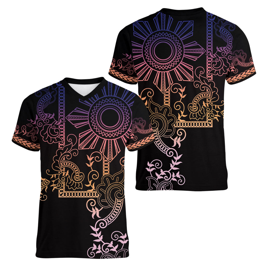 Filipino Sun Tribal Tattoo Women V-Neck T-Shirt Philippines Inspired Barong Pink Art - Wonder Print Shop