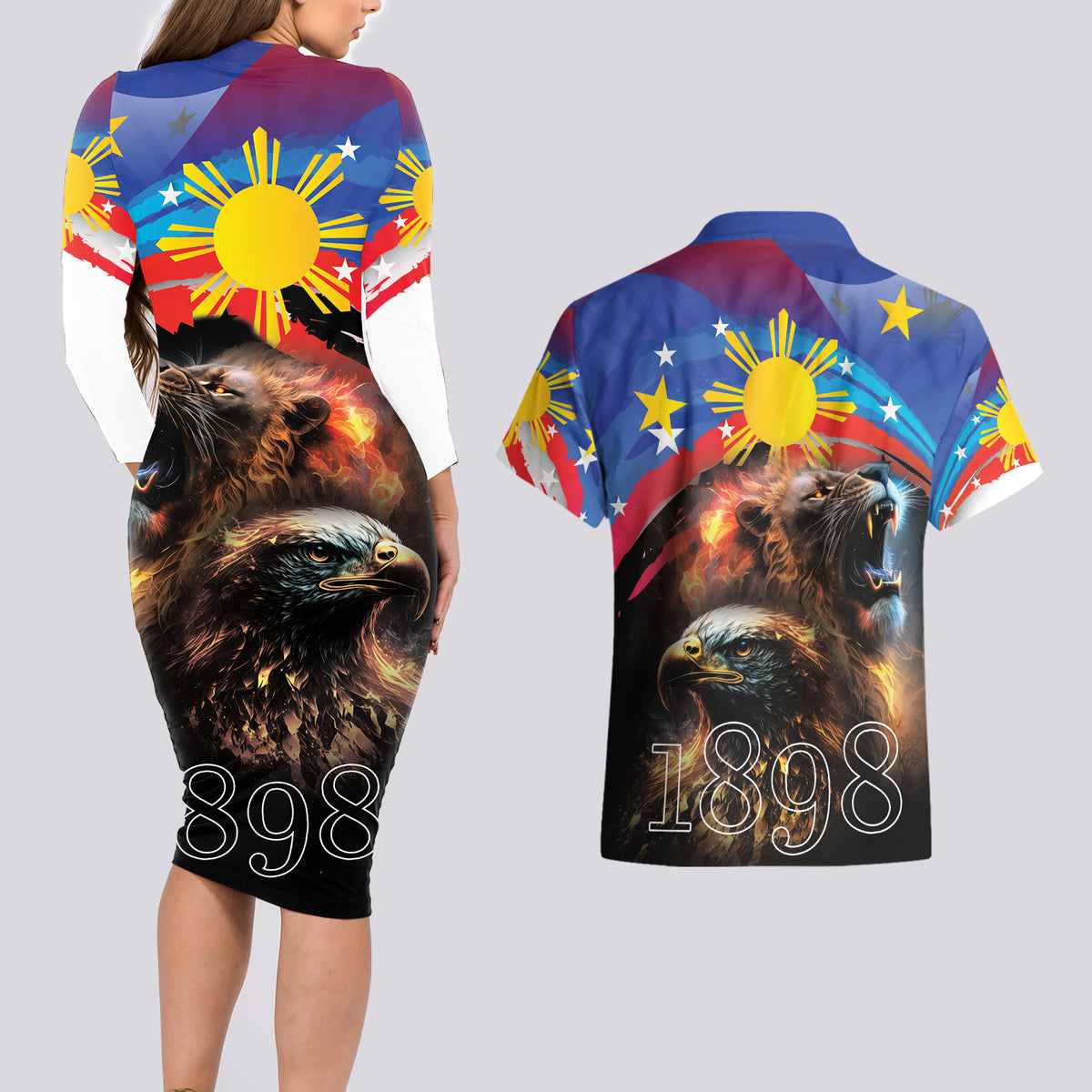 Philippines Lion and Eagle 1898 Couples Matching Long Sleeve Bodycon Dress and Hawaiian Shirt Pilipinas Maligayang Araw ng Kalayaan LT9 - Wonder Print Shop