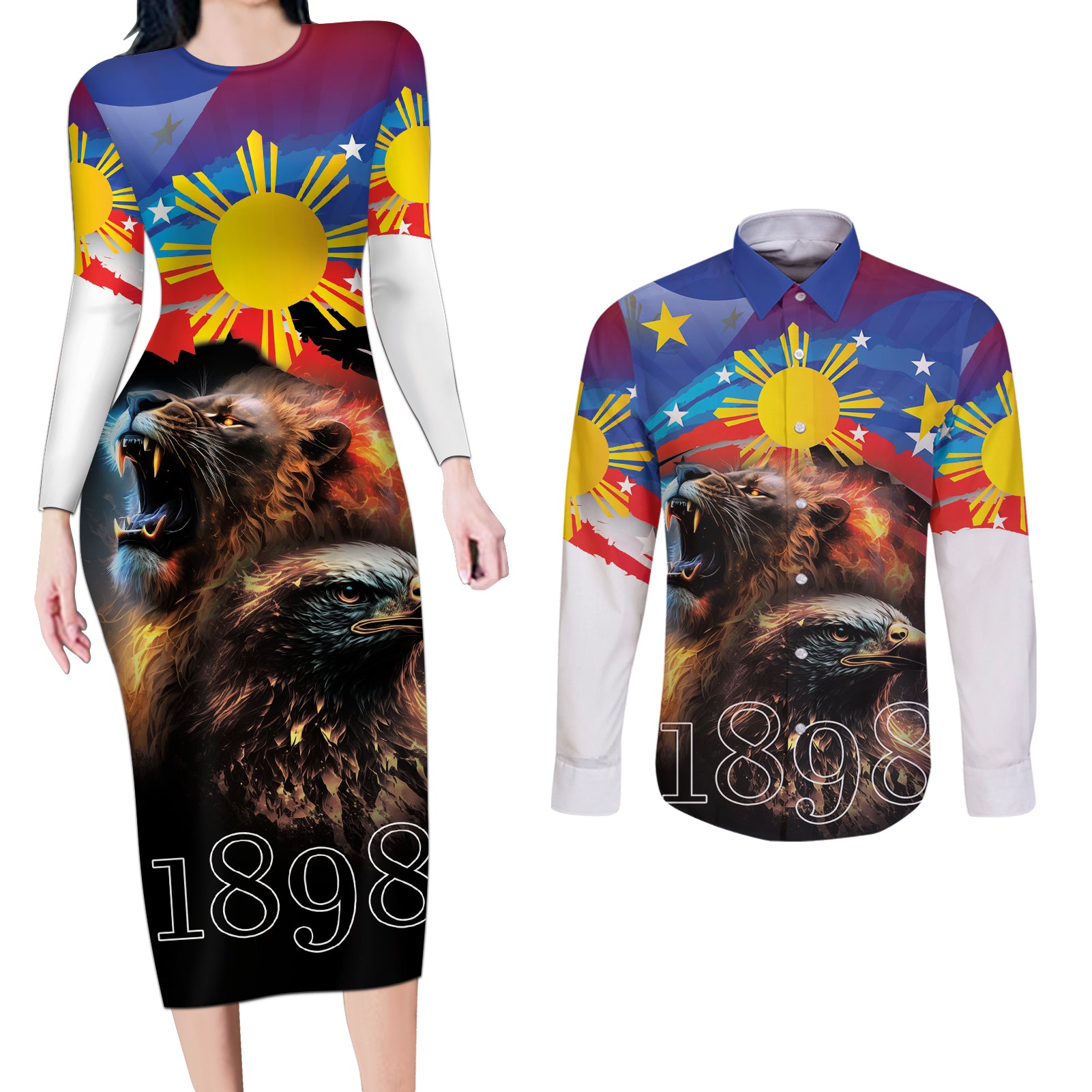 Philippines Lion and Eagle 1898 Couples Matching Long Sleeve Bodycon Dress and Long Sleeve Button Shirt Pilipinas Maligayang Araw ng Kalayaan LT9 - Wonder Print Shop