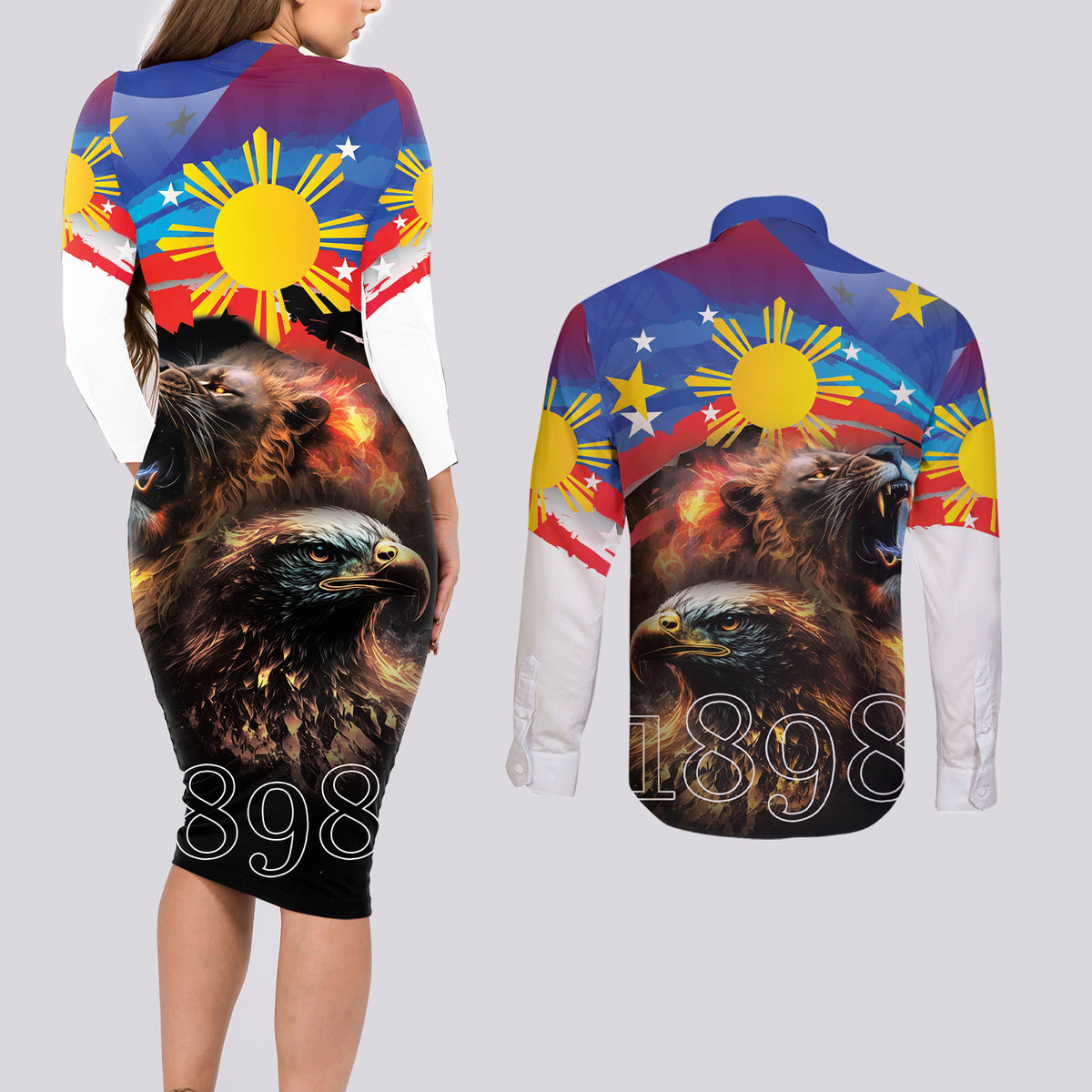 Philippines Lion and Eagle 1898 Couples Matching Long Sleeve Bodycon Dress and Long Sleeve Button Shirt Pilipinas Maligayang Araw ng Kalayaan LT9 - Wonder Print Shop