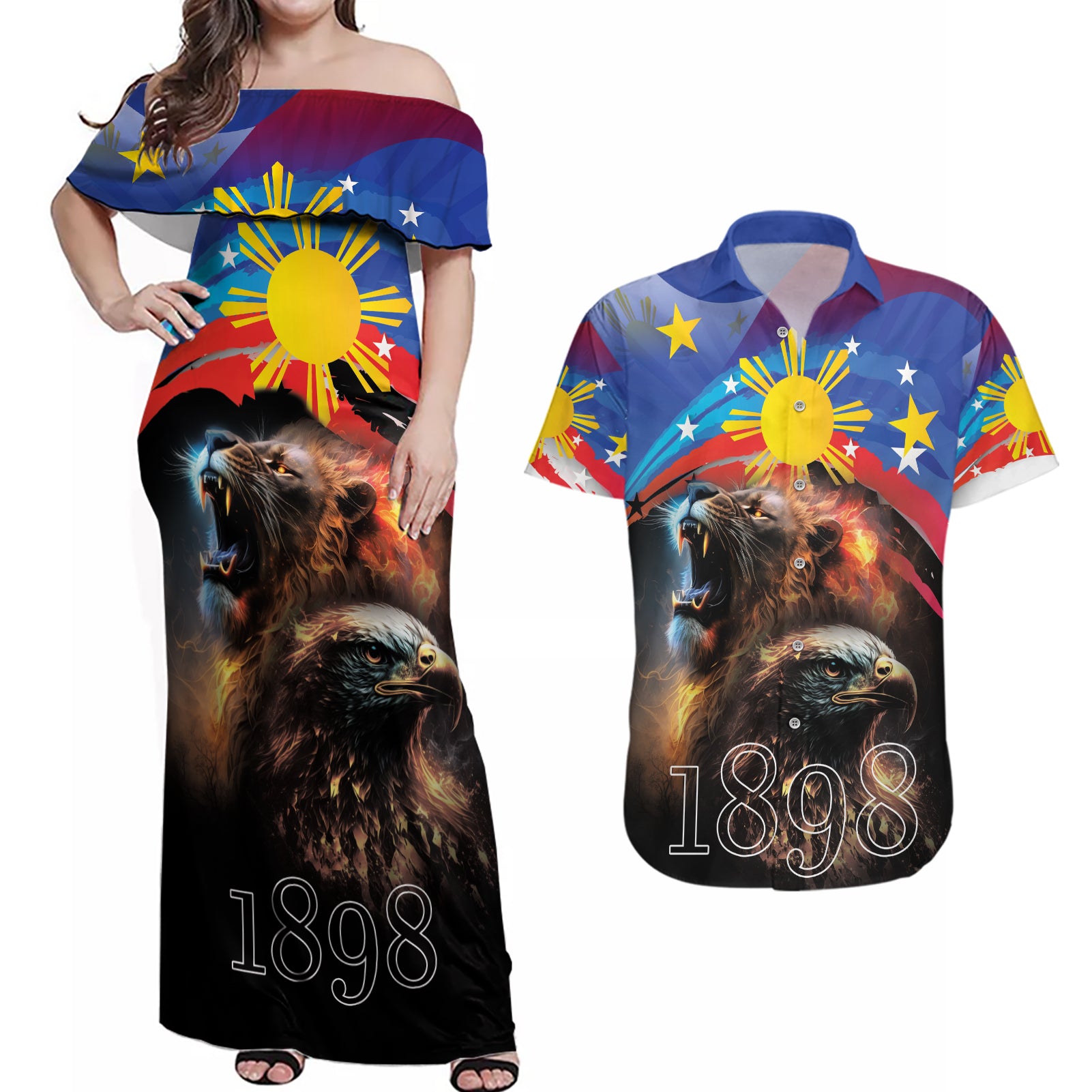 Philippines Lion and Eagle 1898 Couples Matching Off Shoulder Maxi Dress and Hawaiian Shirt Pilipinas Maligayang Araw ng Kalayaan LT9 - Wonder Print Shop