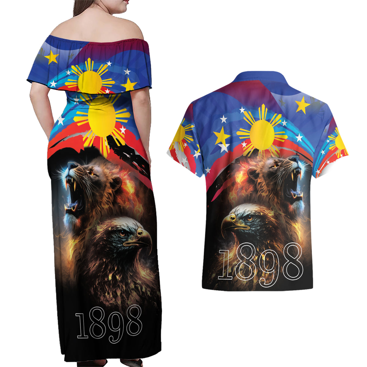 Philippines Lion and Eagle 1898 Couples Matching Off Shoulder Maxi Dress and Hawaiian Shirt Pilipinas Maligayang Araw ng Kalayaan LT9 - Wonder Print Shop