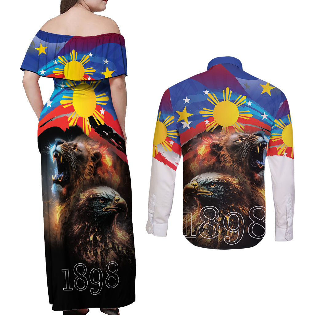Philippines Lion and Eagle 1898 Couples Matching Off Shoulder Maxi Dress and Long Sleeve Button Shirt Pilipinas Maligayang Araw ng Kalayaan LT9 - Wonder Print Shop