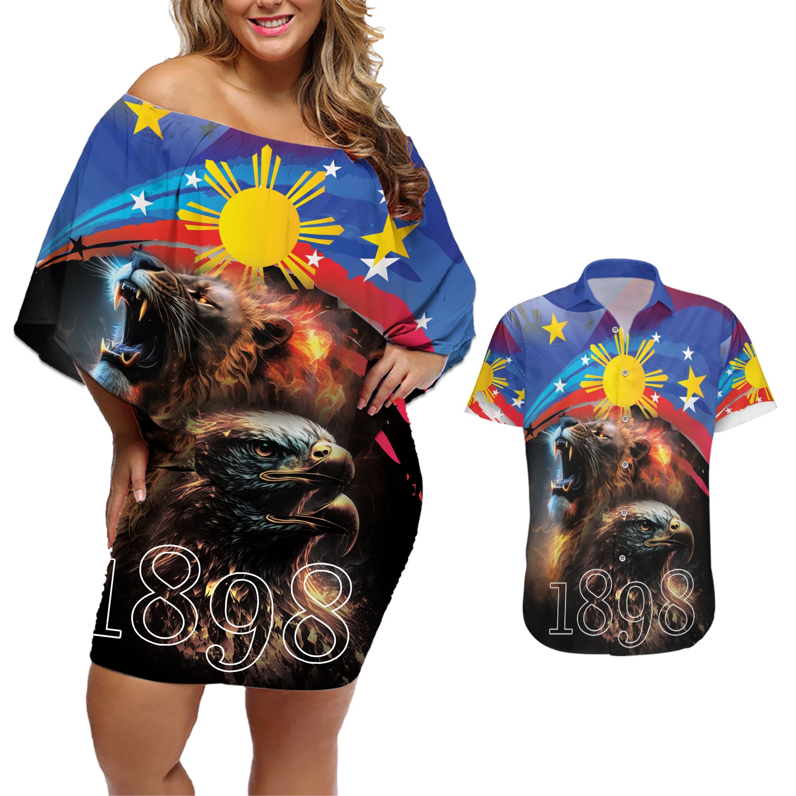 Philippines Lion and Eagle 1898 Couples Matching Off Shoulder Short Dress and Hawaiian Shirt Pilipinas Maligayang Araw ng Kalayaan LT9 - Wonder Print Shop