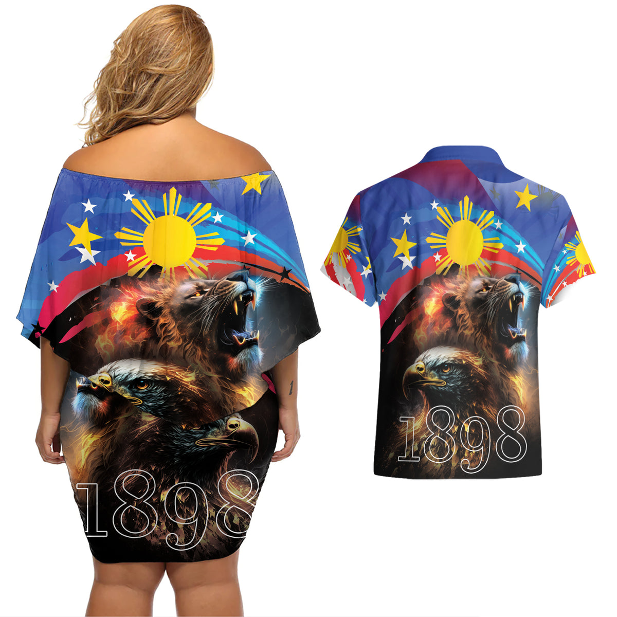 Philippines Lion and Eagle 1898 Couples Matching Off Shoulder Short Dress and Hawaiian Shirt Pilipinas Maligayang Araw ng Kalayaan LT9 - Wonder Print Shop