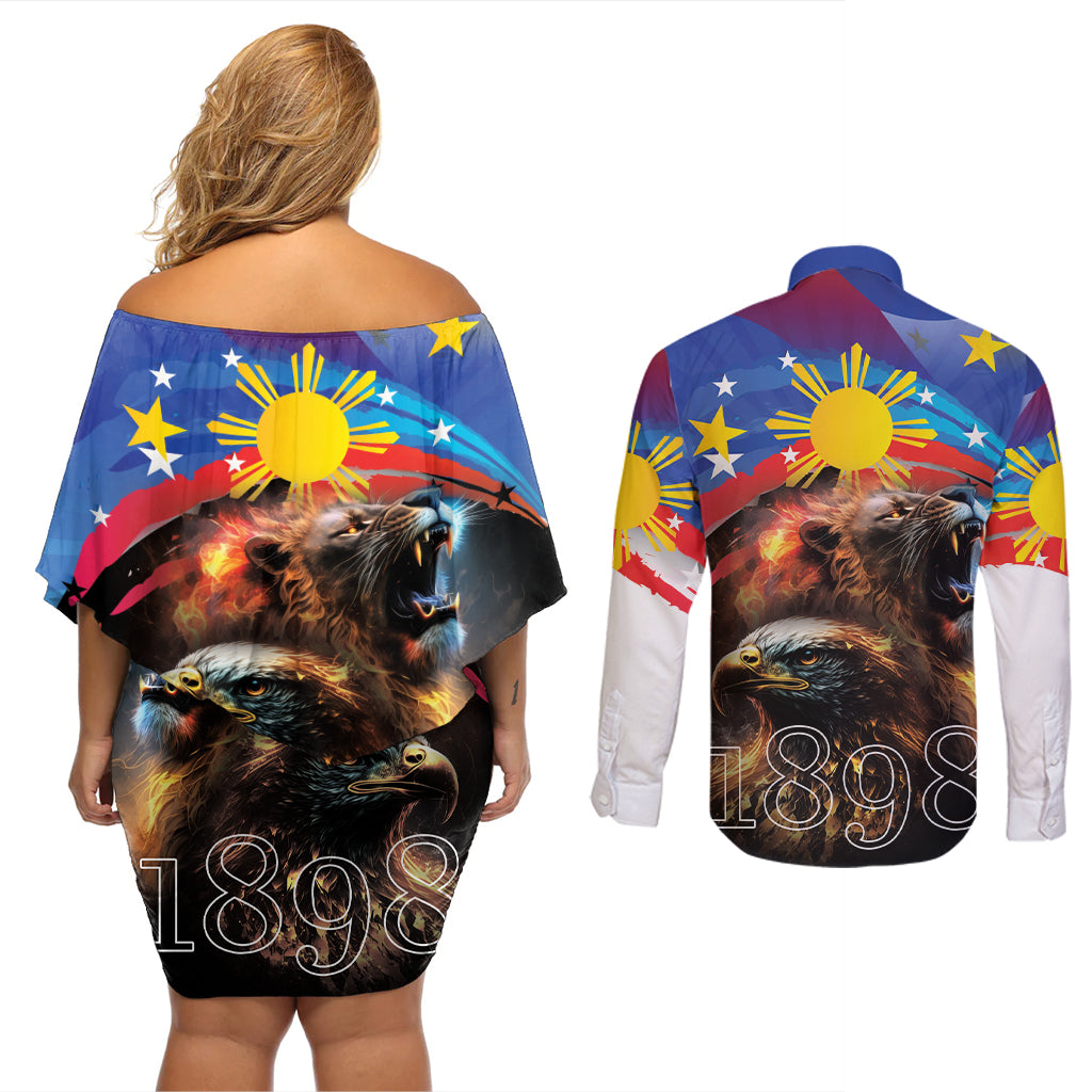 Philippines Lion and Eagle 1898 Couples Matching Off Shoulder Short Dress and Long Sleeve Button Shirt Pilipinas Maligayang Araw ng Kalayaan LT9 - Wonder Print Shop