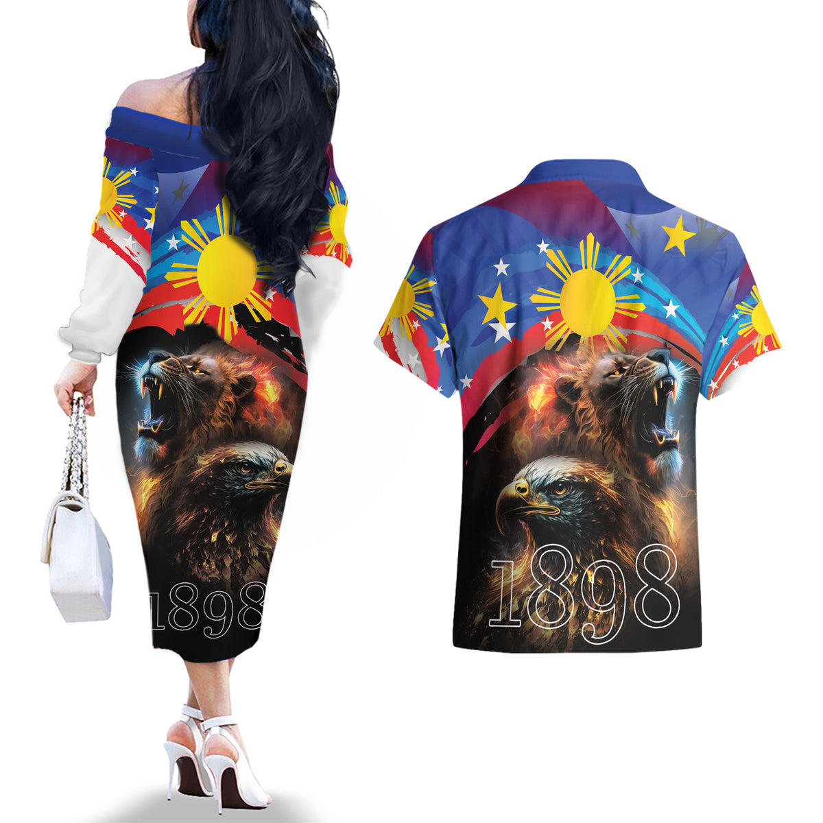 Philippines Lion and Eagle 1898 Couples Matching Off The Shoulder Long Sleeve Dress and Hawaiian Shirt Pilipinas Maligayang Araw ng Kalayaan LT9 - Wonder Print Shop