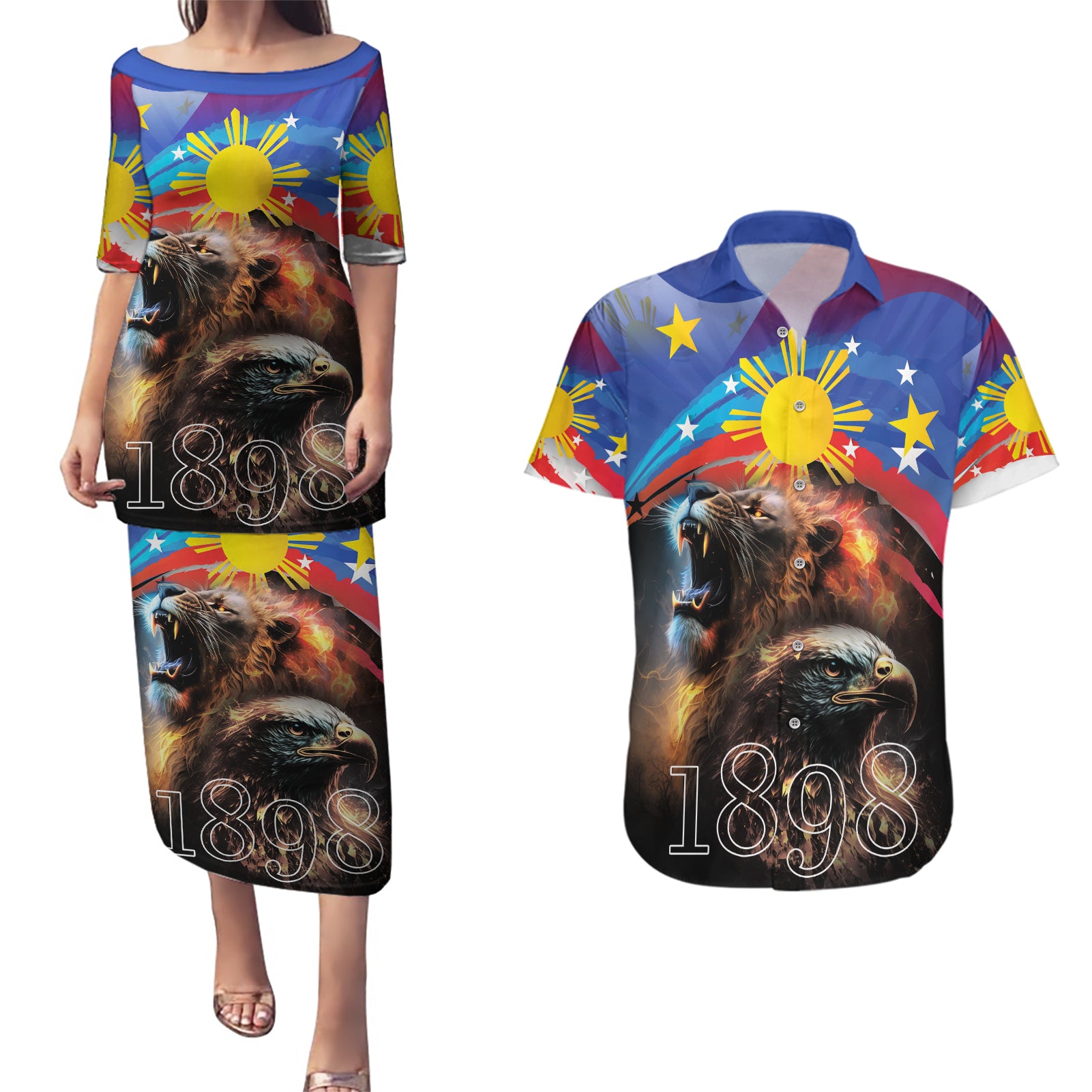 Philippines Lion and Eagle 1898 Couples Matching Puletasi and Hawaiian Shirt Pilipinas Maligayang Araw ng Kalayaan LT9 - Wonder Print Shop